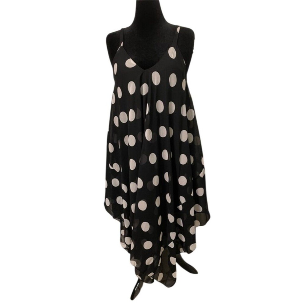 Mlle Gabrielle Dress L NWT Black & White Polka Dot Chiffon Hanky Hem Cami Midi